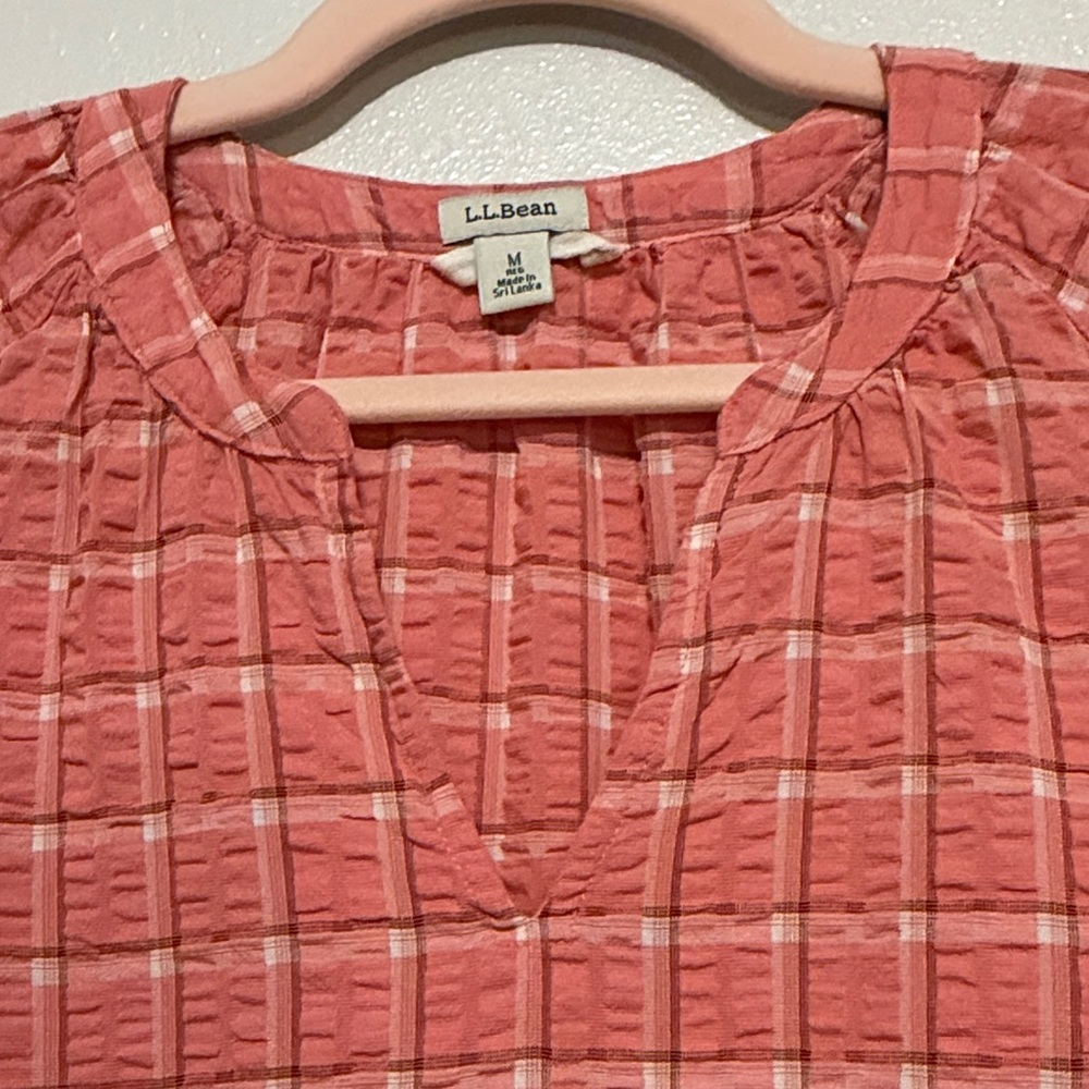 L.L. Bean Coral Plaid V-Notch Tunic Top - Picture 4 of 7